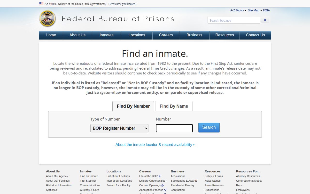 Federal BOP locator used for Virginia federal inmate release records