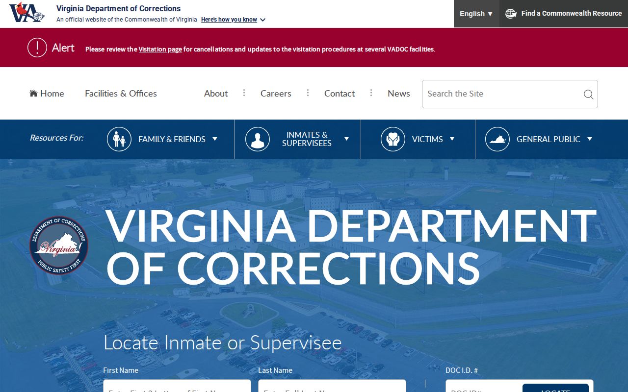 Virginia VADOC release and offender record source home page